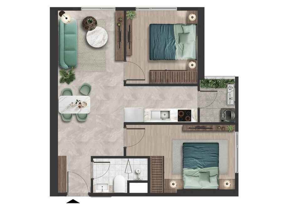 Căn hộ The Emerald 68 2PN + 1 (55.9 m2) giá bán chỉ từ 2.4 tỷ đồng.