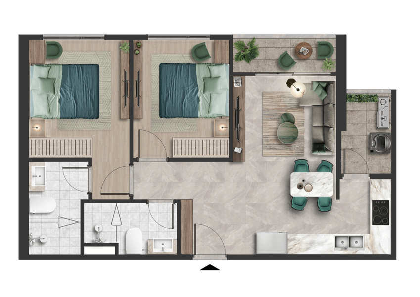 Căn hộ The Emerald 68 2PN + 1 (55.9 m2) giá bán chỉ từ 2.4 tỷ đồng.